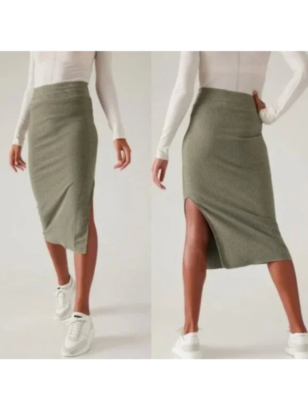 Athleta Luxe Seamless Acacia Knit Midi Skirt, Olive Green - Womens Small
